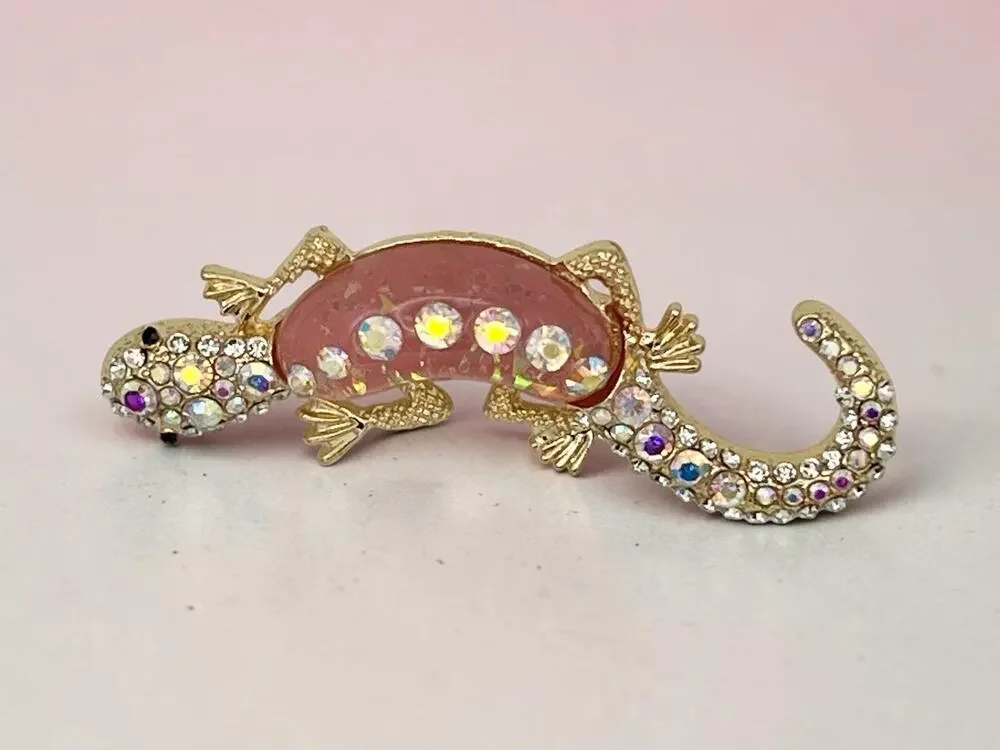Sparkling Rhinestone Lizard Salamander Gecko Gold Tone Pin Brooch Pink